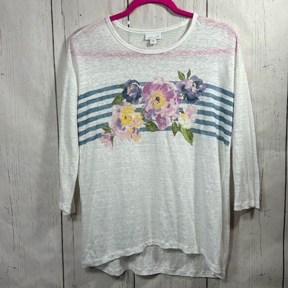J Jill Love Linen Three Quarter Sleeve Floral White Lightweight Summer Top - Picture 1 of 14